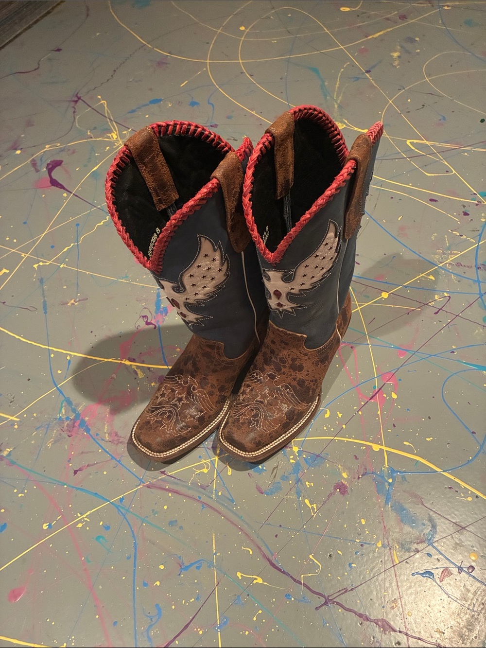 J.B. Dillon Brown and Navy Embroidered Western Boots with Red Trim